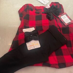 Tommy Bahama girl red plaid dress with leggings and velvet hair bows Christmas!
